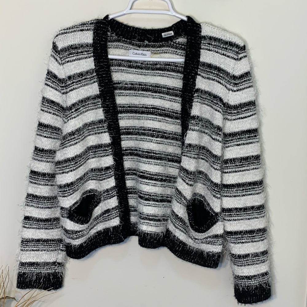 Calvin Klein  Front Open Fuzzy Stripes Black & White Cardigan Sweater
